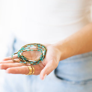 brass white and turquoise stretch stretchy bracelet set of 6 