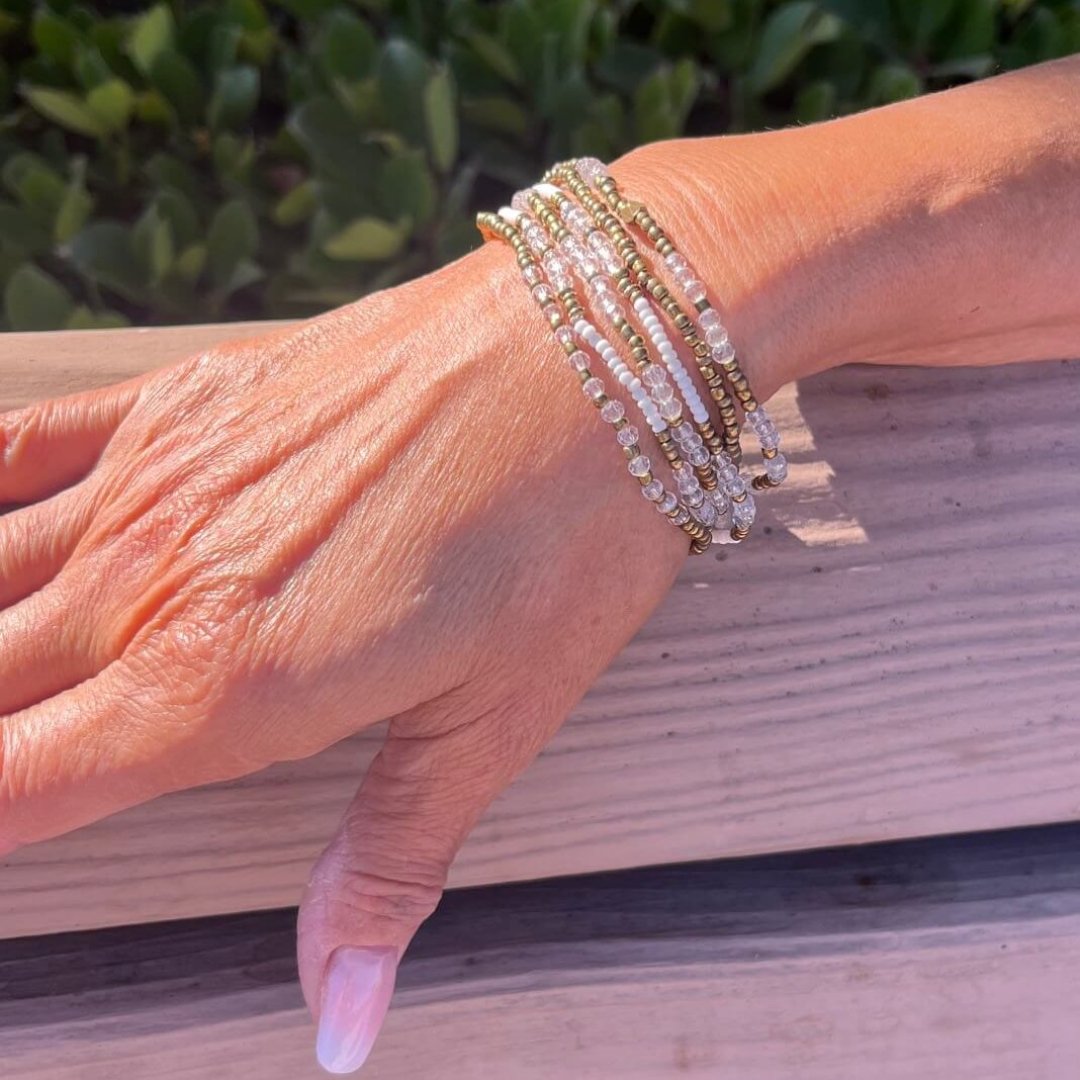 white beaded stretch bracelets