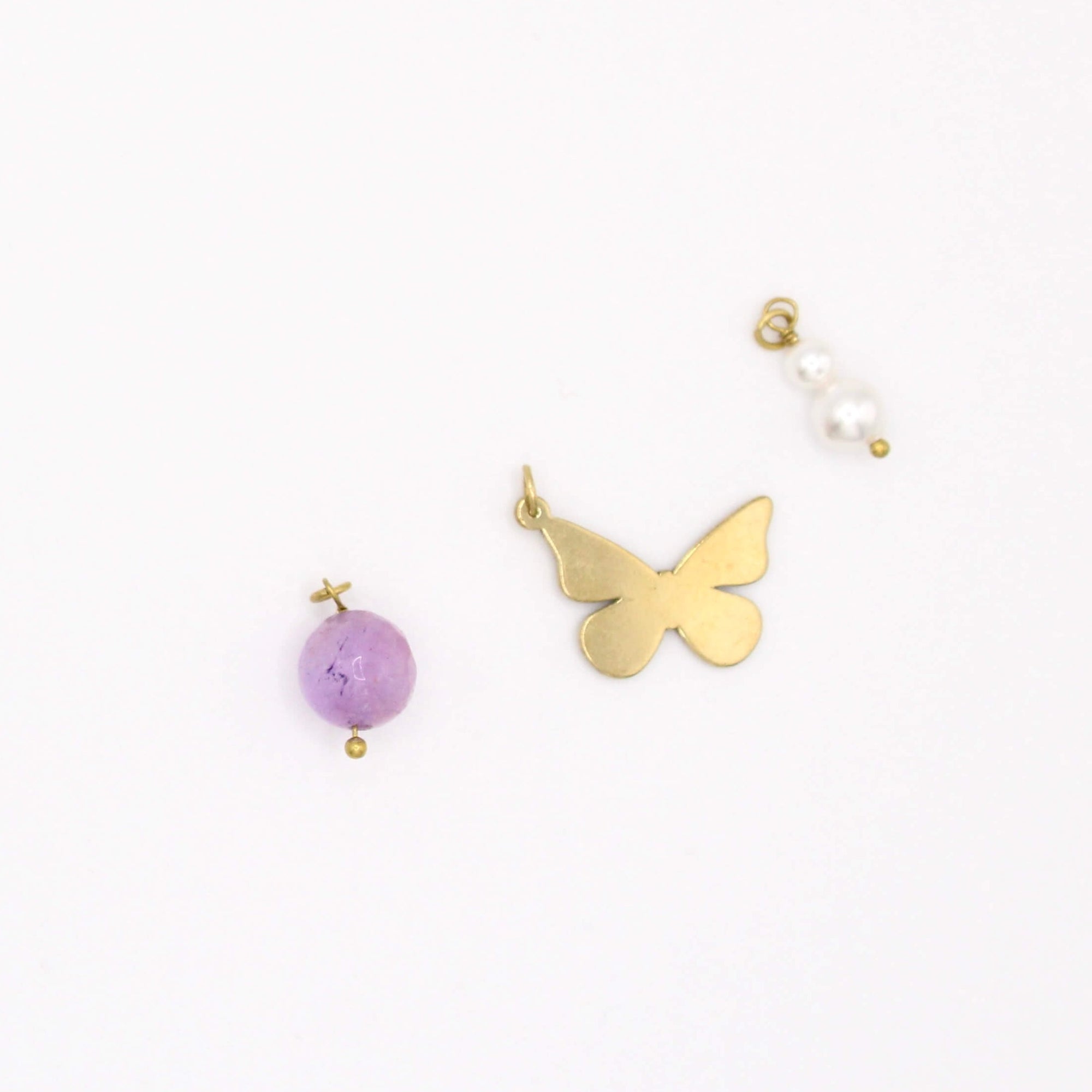 butterfly, pearl, purple stone charms