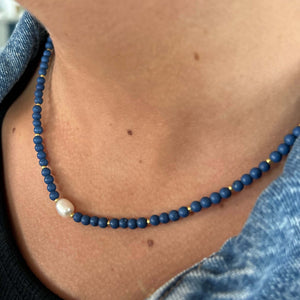 blue Mayu red beaded choker with pearl