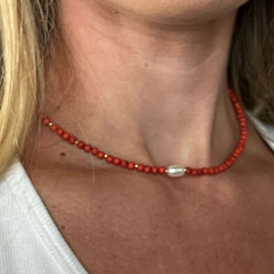 orange Mayu red beaded choker with pearl