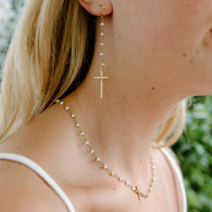 crystal white and brass beaded cross necklace and earrings