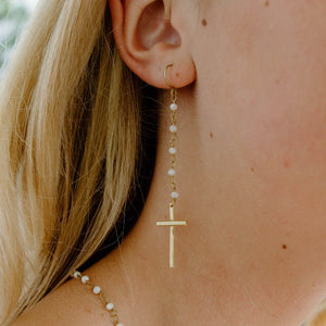 crystal white and brass beaded cross necklace and earrings