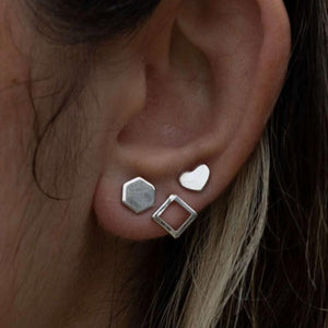 silver studs set heart, diamond, hexagon