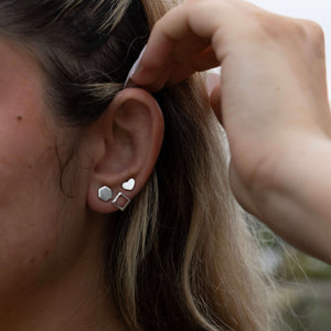 silver studs set heart, diamond, hexagon